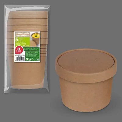 Produktbild von Verpackung aus biologisch abbaubarem Karton mit Deckel. 350 ml. 5 Stück