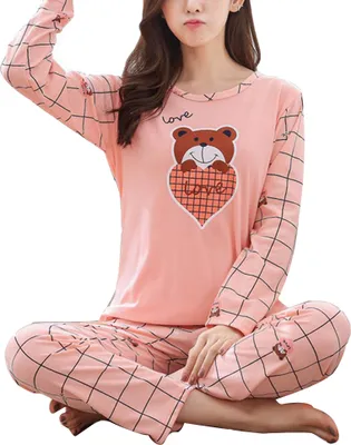 Produktbild von Lässige Frauen Cartoon Animal Print O Neck Top lange Hosen Pyjamas Nachtwäsche Set||Rosa||XL