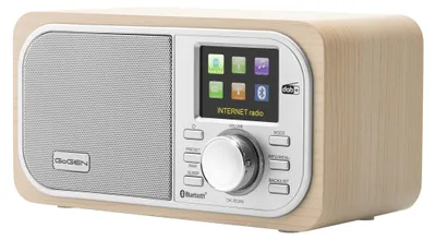 A digital radio with a wooden casing and a color screen.