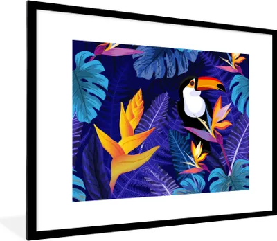 Produktbild von MuchoWow® Gerahmtes Poster Dschungel - Tukan - Blumen - Pflanzen - Kinder - Lila - Tiere 80x60 cm - Poster mit Schwarzem Bilderrahmen Wandposter Rahmen Foto Bilder - Schlafzimmer-Dekorationen - Fotoposter