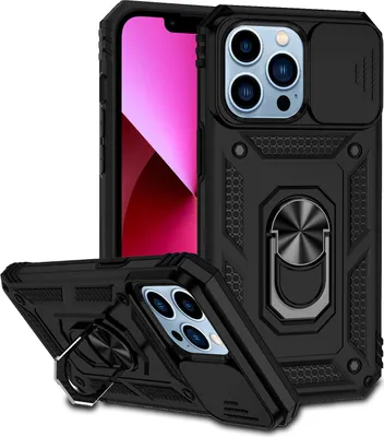 Produktbild von iPhone 12 Pro Max Hülle mit Schiebe Kamera Schutz und Ringhalter Ständer Robust Rüstung Schutzhülle für iPhone 12 Pro Max Schwarz
