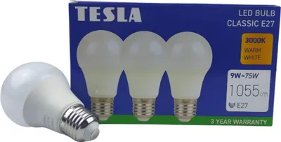 Obrázek produktu pro Tesla - LED žárovka BULB E27, 9W, 230V, 1055lm, 25 000h, 3000K teplá bílá, 220st 3ks v balení