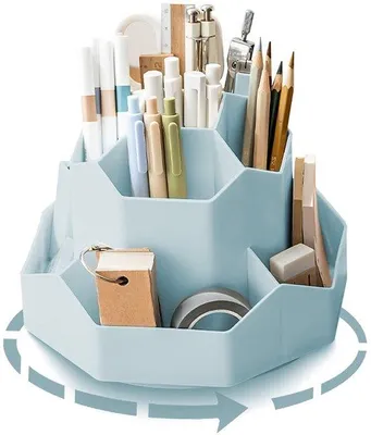 Immagine prodotto di Ibenzoa® Organizer girevole per scrivania, 9 scomparti – Polipropilene, colore blu, 13 x 17,8 cm, rotazione a 360°, grande capacità fino a 150 penne, multifunzionale