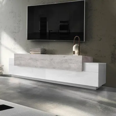 Produktbild von Fernsehtisch im Designstil mit 3 Fächern in Weiß und Betonoptik Corona Low Bronx