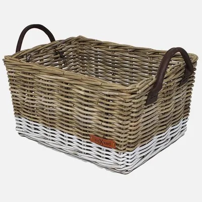 Zdjęcie produktu dla WICKED skrzynia kosz L szara/biała podstawa ze skórzanymi uchwytami (45x32x23)