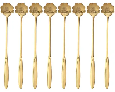 Produktbild von 8-teiliges Dessertlöffel-Set mit Blumenmotiv, Kaffeelöffel, Zuckerlöffel, Eiscremelöffel, Rührlöffel, wiederverwendbarer, kreativer Dessertlöffel aus Edelstahl
