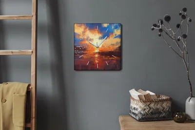 Produktbild von Coloray Hodiny Unikátní 30x30 cm  Tiché hodiny Pro obývací pokoj a kuchyň Nástěnné hodiny Plátno Bílé ručičky hodin - Mraky jezera Sunset