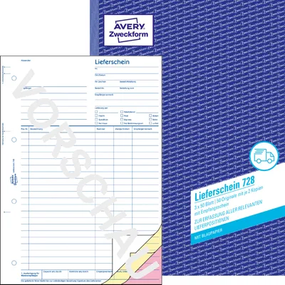 Produktbild von Avery Zweckform 728, Lieferscheine mit Empfangsschein, A4, mit Blaupapier, 3x50 Blatt