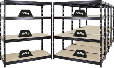 Produktbild von Mega Deal | 5x Profi Schwerlastregal Rhino | HxBxT 180x160x60cm | 4 Spanplatten-Ebenen 8mm | Fachlast 500kg | Schwarz