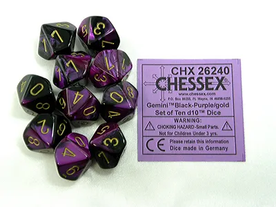 Zdjęcie produktu dla Chessex Chessex Gemini czarno-purpurowo-złoty zestaw kostek D10 10 szt