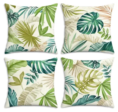 Produktbild von Kissenbezüge mit tropischen Blättern 45 x 45 cm, grün, Palmenblatt, Polyester, dekorative Zierkissenhüllen für Garten, Outdoor, Sofa, Wohnzimmer, 4er Set