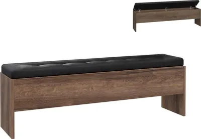 A storage bench with a black tufted seat and a wood-grain base.