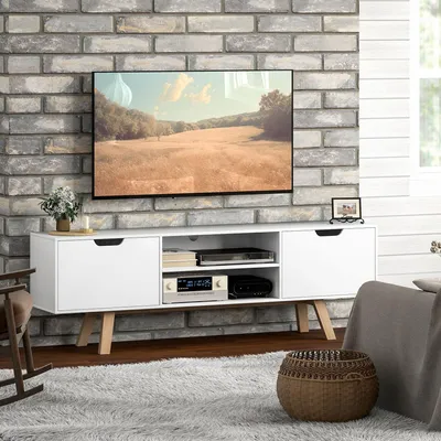 Produktbild von TV-Kommode mit Schubladen, Fernsehschrank offene Regale, MDF Massivholzbeine, Weiß | 150 x 39 x 50 cm | bis 65 Zoll | 80 kg