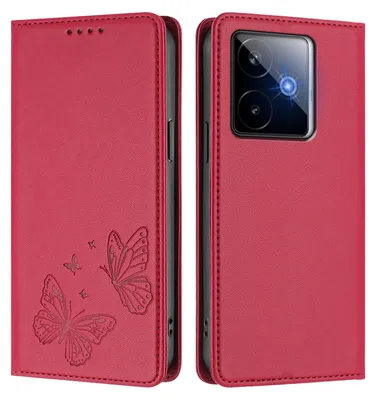 Image de Étui en cuir pour Realme GT 7, motif papillon, étui à rabat avec porte-appareil, rouge