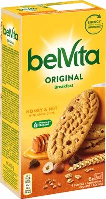Obrázek produktu pro Snídaňové sušenky Belvita s medem, ořechy a čokoládovými lupínky 300 G