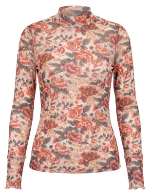 Produktbild von Damen Bluse rosa Größe M mit Stehkragen, langen Mesh-Ärmeln und floralem Muster