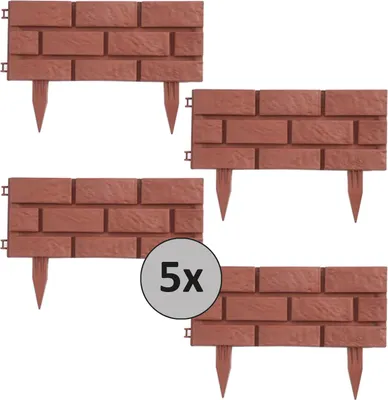 A collage of four terracotta-colored brick-patterned garden edging pieces, with a circular overlay indicating '5x'.