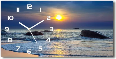 Produktbild von Wanduhr aus Glas – 60x30 cm - Glasbild - Glasuhr - Gehärtetes Glas - weisse-zeiger - Sonnenuntergang Meer