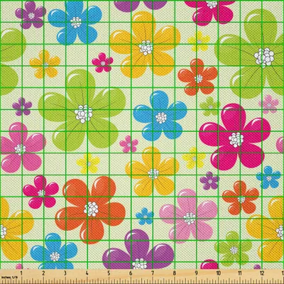 Produktbild von ABAKUHAUS Bunt Satin Stoff als Meterware, Sixties inspirierte bunte Blumen-Hippie-Motive, die Natur-Illustration blühen, 3 M (148 x 300 cm), Mehrfarbig