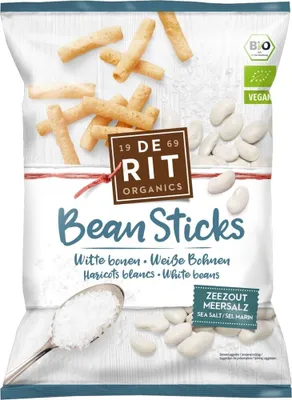 Produktbild von De Rit Bean Sticks Meersalz, 75 g, Meersalz, Mehl aus weißen Bohnen (35%), Tapioka-Stärke, Sonnenblumenöl, Kartoffelstärke, Meersalz (2,5%), 500 kcal, 2086 kJ, 27 g