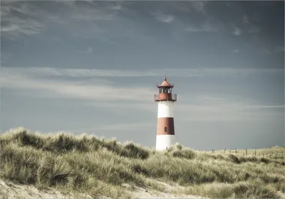 Produktbild von Wallario Poster - Leuchtturm auf der Düne am Strand, Kunstdruck Größe: 70 x 100 cm