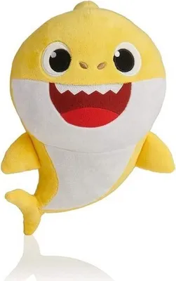 A yellow plush toy shark with a white belly and red mouth, shown against a white background.