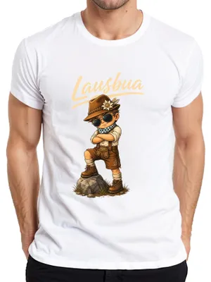 Immagine prodotto di Pantaloni in pelle "Lausbua", tipici della Baviera, abbigliamento tradizionale, stile moderno, ideali per l'Oktoberfest. Vestito tradizionale "Dirndl", stile alpino, per uomo. T-shirt, colore bianco, taglia XL
