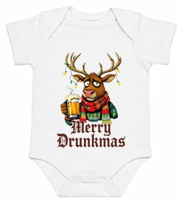 Zdjęcie produktu dla Świąteczny body dla dziecka, biały, z napisem "Merry Drunkmas Rentier Bier Lustig Ugly Christmas Party", rozmiar 0/3