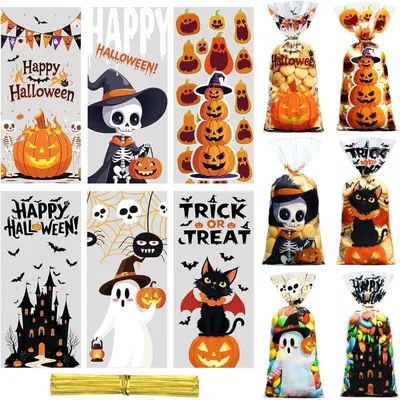 Productafbeelding van Halloween-zakjes, 120 stuks. Cellofaan zakjes met twistsluiting, geschikt voor snoep, koekjes, snacks en cadeautjes. Afmetingen: 27,5 x 12,5 cm