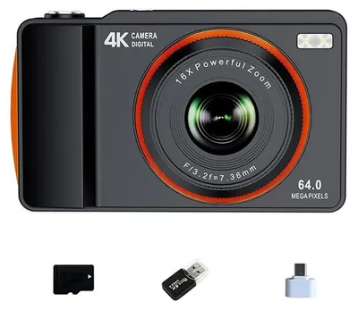 Produktbild von ZELURXX 64 MP Digitalkamera 4K Video, 16-facher Digitalzoom, elektronische Bildstabilisierung, LED-Licht, OTG, 2,4 Zoll, Schwarz