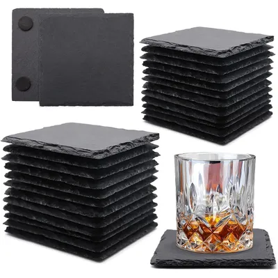 Productafbeelding van 24 zwarte, vierkante onderzetters van slate, elk 10,2 cm, krasbestendig