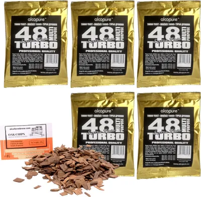 Produktbild von 5 x Hefe für Fusel - Turbo48 Extra Pure + Oak Chips, Turbohefe, Wodkahefe, Hefe für Maische