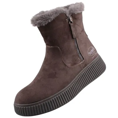 A single brown boot with gray fur trim is shown against a white background.
