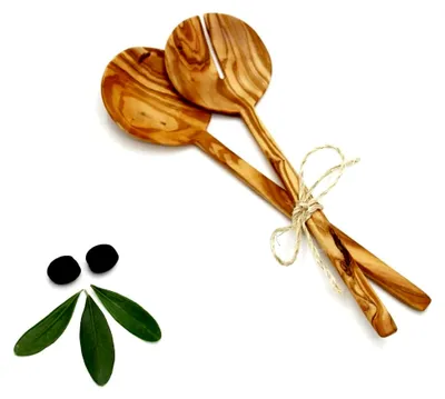 Produktbild von Salatbesteck aus Olivenholz, Servierlöffel und Salatgabel, ca. 27 cm