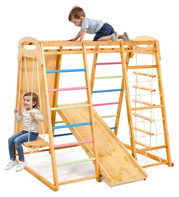 Image de Aire de jeux intérieure VEVOR Structure d'escalade (7 en 1) en bois, ensemble de jouets d'escalade Montessori supportant une charge de 113 kg avec balançoire/structure d'escalade/toboggan/échelle en bois/échelle de corde/filet à grimper/rocher