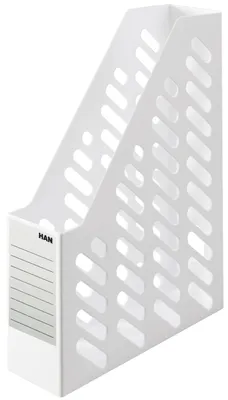 A white plastic magazine file holder with a perforated design.