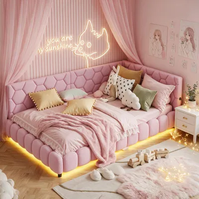 Produktbild von INONEFT Polsterbett Schlafsofa 140x200, Jugendbett mit LED Beleuchtung, Type-C und USB Anschlüsse, Tagesbett mit Lattenrost, Wolle, Rosa