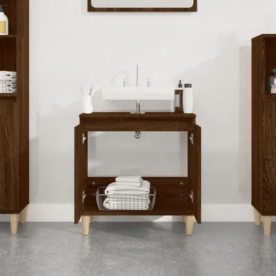 A bathroom vanity with a sink and storage.