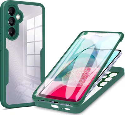 A green and clear phone case is shown, with a phone inside it, presented in a way to show its features.