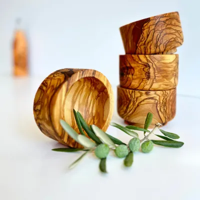 4er-Set Olivenholz-Servierschalen, handgefertigt, 10 cm, rustikal