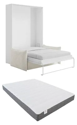 Produktbild von Schrankbett 160 x 200 cm - Manuelles vertikales Öffnungssystem - Weiß + Sofa + Matratze - BEGANIO