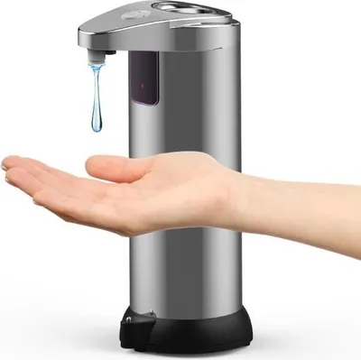 Produktbild von Automatischer Seifenspender aus Edelstahl mit Infrarot-Bewegungssensor und wasserdichtem Sockel, geeignet für Badezimmer