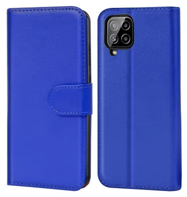A blue flip case for a smartphone is shown, with the phone inside on the right and the case closed on the left.