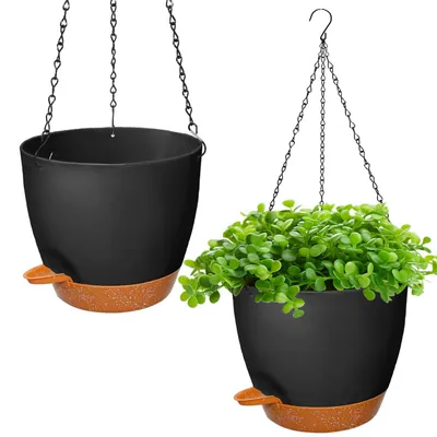 Produktbild von Hängender Blumentopf mit Bewässerungssystem, 2er-Set, 20,5 cm, Hängepflanzgefäß aus Kunststoff für den Innen- und Außenbereich, selbstbewässernder Hängepflanztopf mit 3 Haken für den Innen- und Außenbereich, Decken, Balkone, Wanddekoration (schwarz)