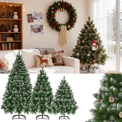 Zdjęcie produktu dla Sztuczne drzewko bożonarodzeniowe TANYEAR, 240 cm, pokryte sztucznym śniegiem, z szyszkami, 1100 gałązek, specjalna konstrukcja gałązek, w zestawie metalowa podstawa. Idealne jako choinka do wnętrz oraz zadaszonych przestrzeni zewnętrznych