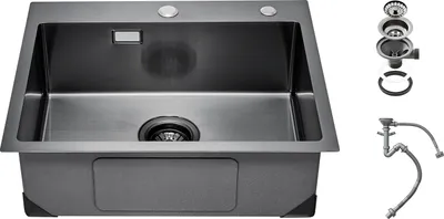 A stainless steel kitchen sink with accessories.