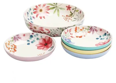 Produktbild von Bico Flower Carnival Keramik-Nudelschüssel 5er-Set 6330 ml und 4x 1035 ml für Pasta und Salat mikrowellen- und spülmaschinenfest