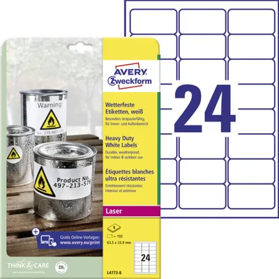 Produktbild von Avery Zweckform L4773-8 Wetterfeste Folien-Etiketten, 63,5 x 33,9 mm, 8 Bogen/192 Etiketten, weiß