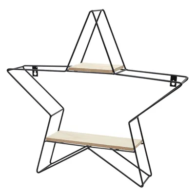 Image de Étagère décorative en métal étoile noire avec étagères en bois 50 cm