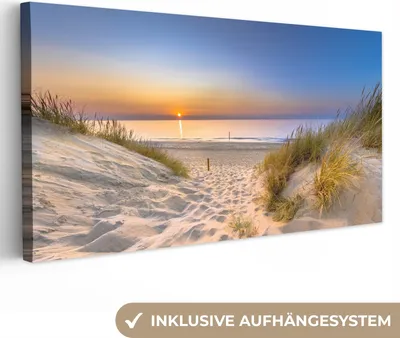 Obrázek produktu pro OneMillionCanvasses® - Obraz na plátně - Duna - Západ slunce - Horizont - Pláž - Tráva, nástěnná malba, nástěnné dekorace obrazy obývací pokoj, 40x20cm